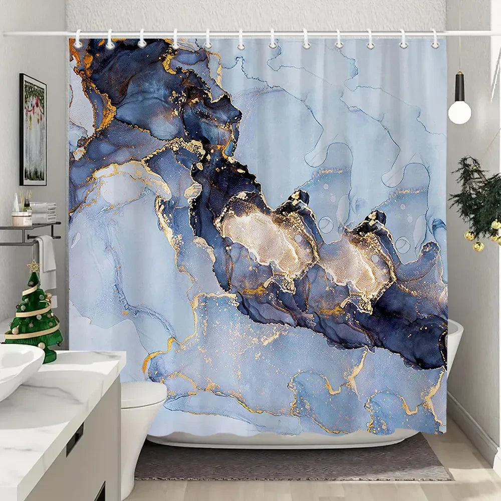 Luxury Blue Gold Marble Shower Curtain - Waterproof Polyester Bathroom Decor (Multiple Sizes)