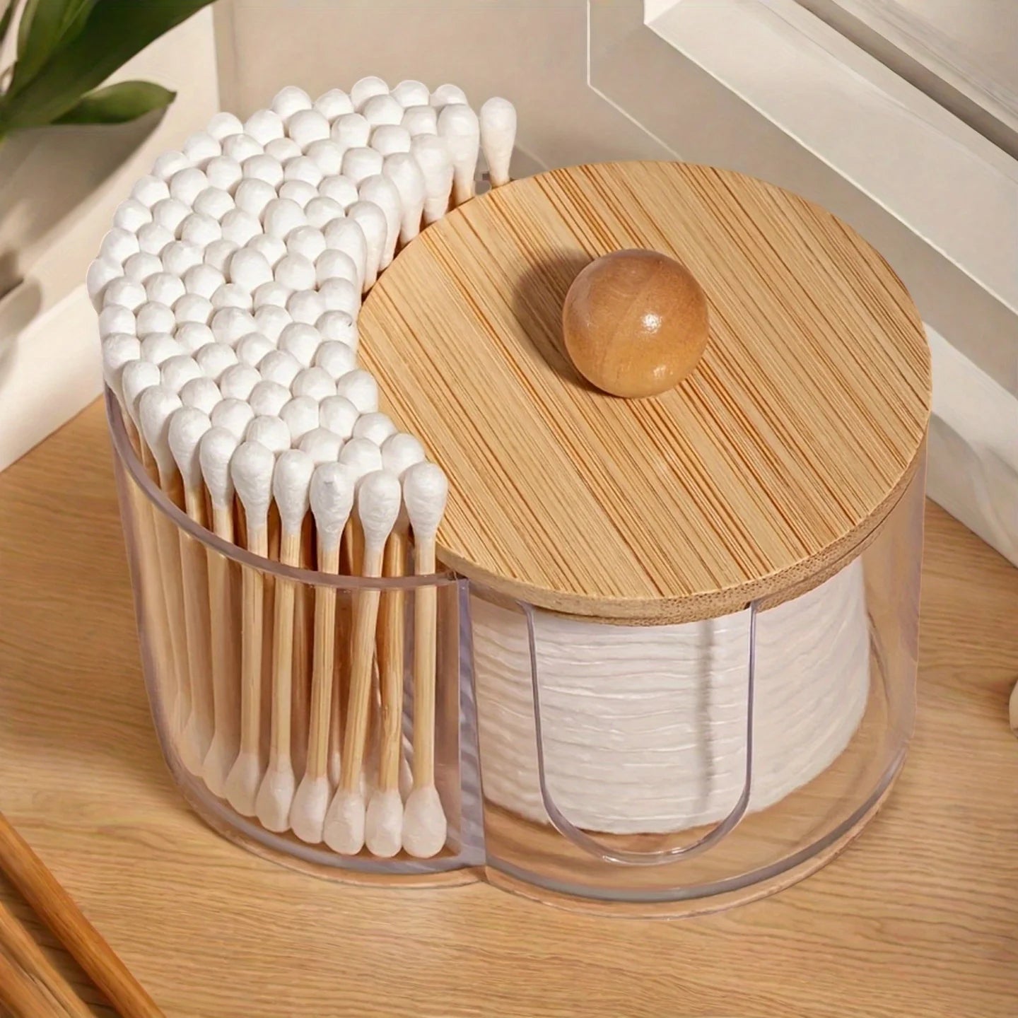 Clear Cotton Swab & Cotton Ball Organizer - Dual Compartment Bathroom Storage