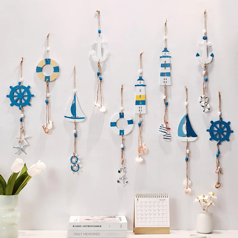 Mediterranean Coastal Wall Decor - Wooden Lighthouse & Sailboat Hanging Ornaments