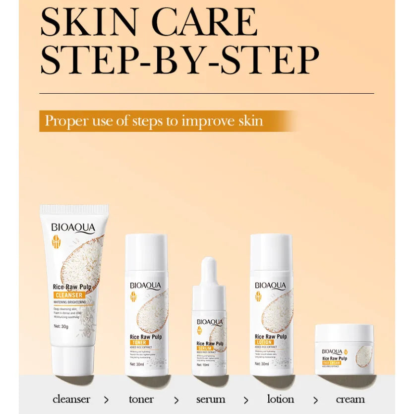 BIOAOUA Rice Brightening Skincare Set - Complete 5-Piece Routine (Cleanser, Toner, Essence, Lotion & Cream)