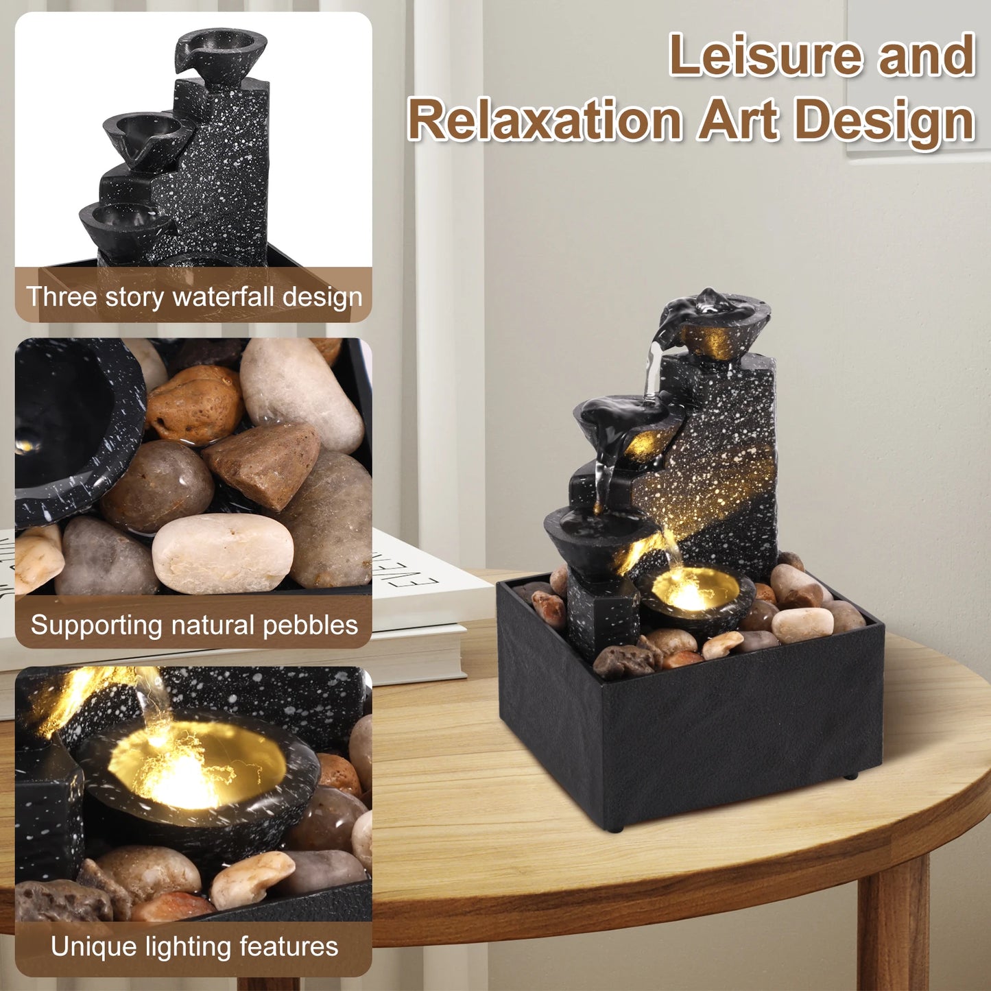 Tabletop Waterfall Fountain - Relaxation & Meditation Desktop Decor with LED Lights
