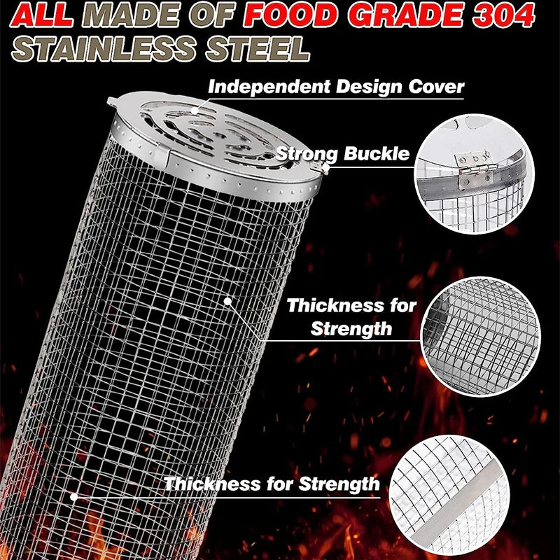 Stainless Steel Rolling BBQ Grill Basket for Vegetables, Shrimp & More