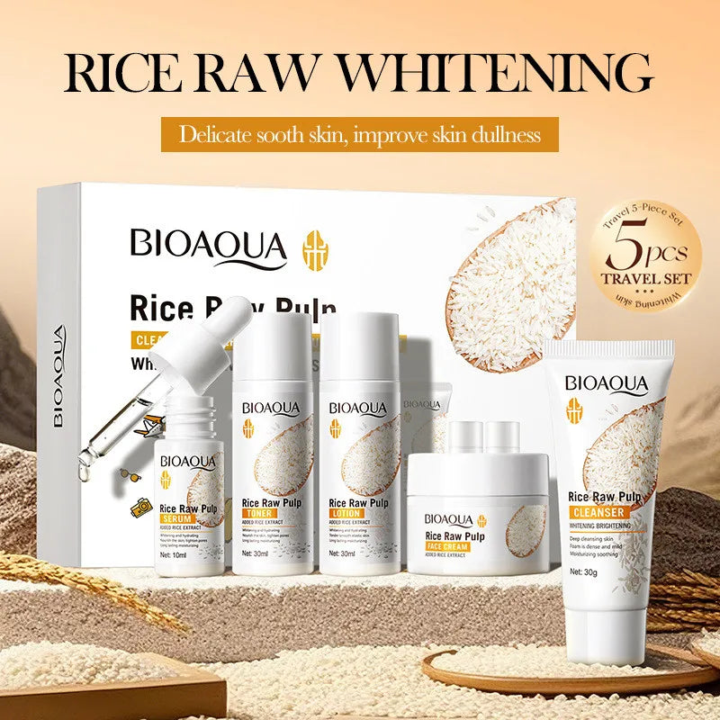 BIOAOUA Rice Brightening Skincare Set - Complete 5-Piece Routine (Cleanser, Toner, Essence, Lotion & Cream)
