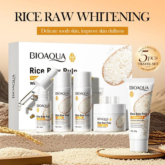 BIOAOUA Rice Brightening Skincare Set - Complete 5-Piece Routine (Cleanser, Toner, Essence, Lotion & Cream)