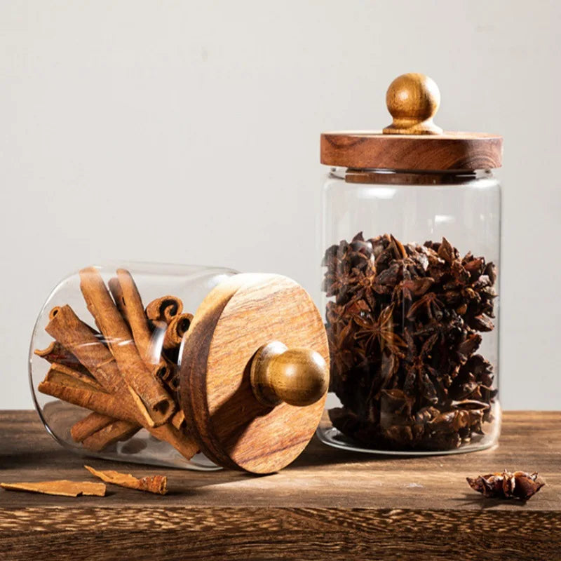 Airtight Glass Food Storage Jar with Acacia Wood Lid — S, M & L for Coffee, Spices, Nuts & More