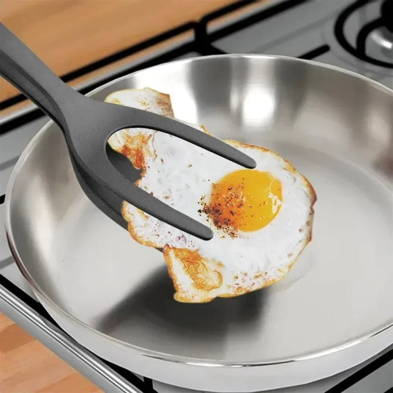2-in-1 Nylon Flip Tongs with Egg Spatula & Steak Turner - Multi-Function Kitchen Tool