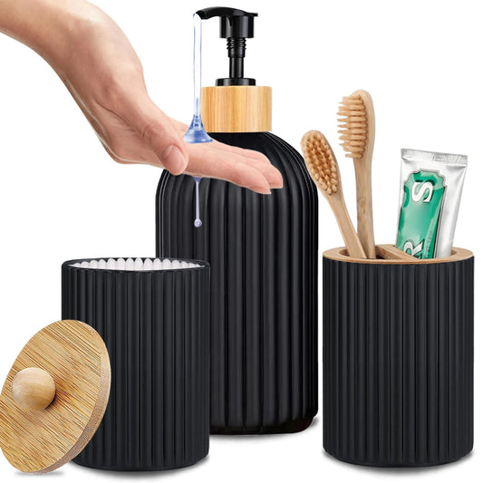 Bamboo Bathroom Organizer Set - Soap Dispenser, Storage & Toothbrush Holder