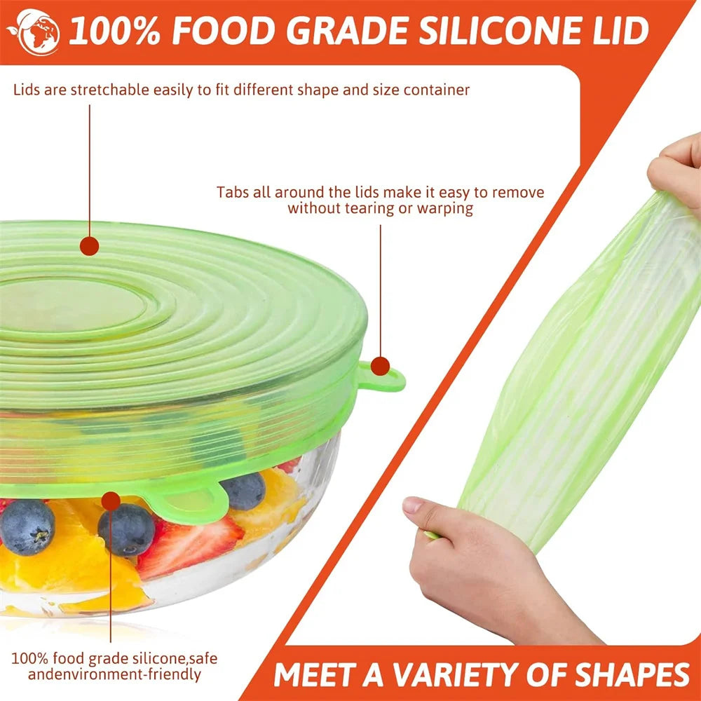 6-Piece Silicone Food Storage Lids - Reusable Airtight Stretch Covers for Kitchen