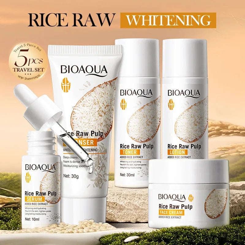 BIOAOUA Rice Brightening Skincare Set - Complete 5-Piece Routine (Cleanser, Toner, Essence, Lotion & Cream)