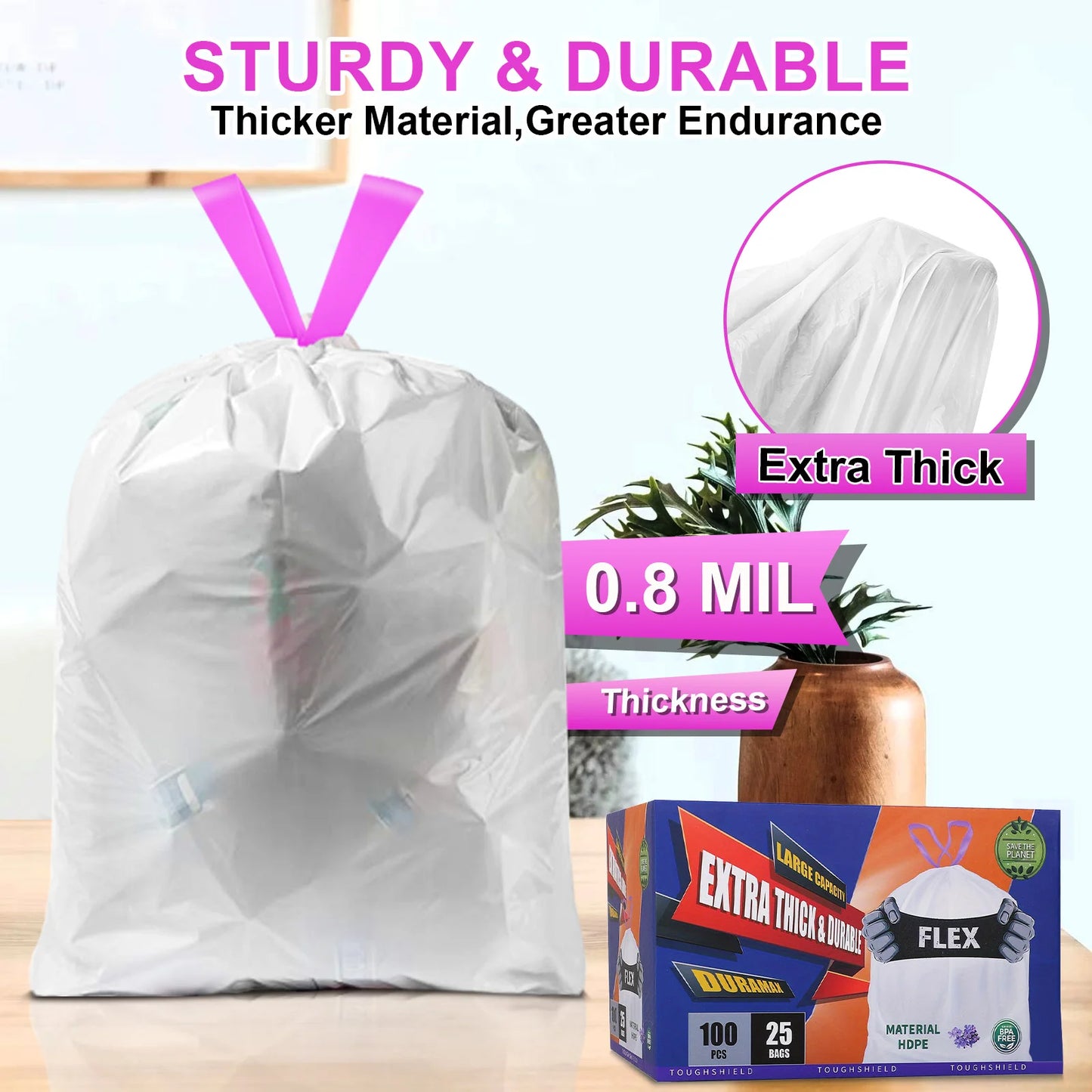 Heavy Duty Drawstring Trash Bags - 13 Gallon Kitchen Waste Bags