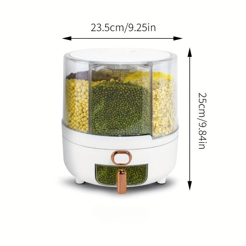 360° Rotating Grain Dispenser — 6-Compartment Airtight Food Storage Container for Rice, Beans & Pantry Staples