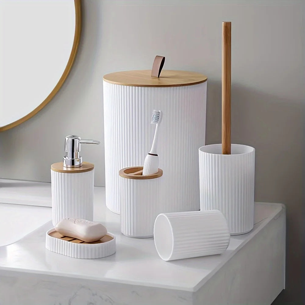 Modern Bathroom Essentials Set - 6-Piece Accessories Including Toothbrush Holder, Waste Bin & Soap Dispenser
