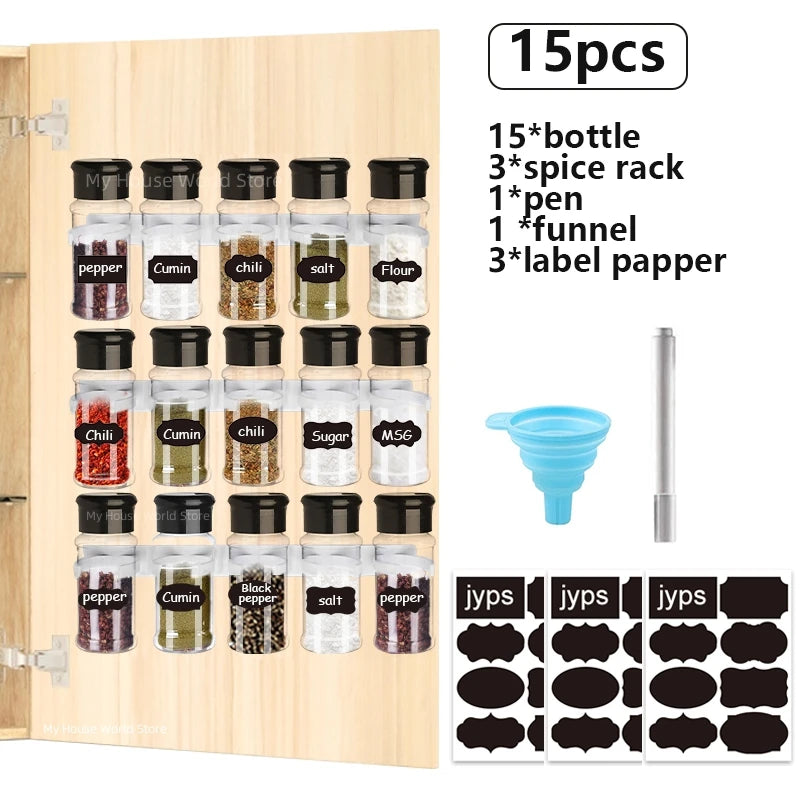 Clear Plastic Spice Jar Set with Rack — 5, 10, 15 & 20 Piece Seasoning Organizer for Kitchen & BBQ