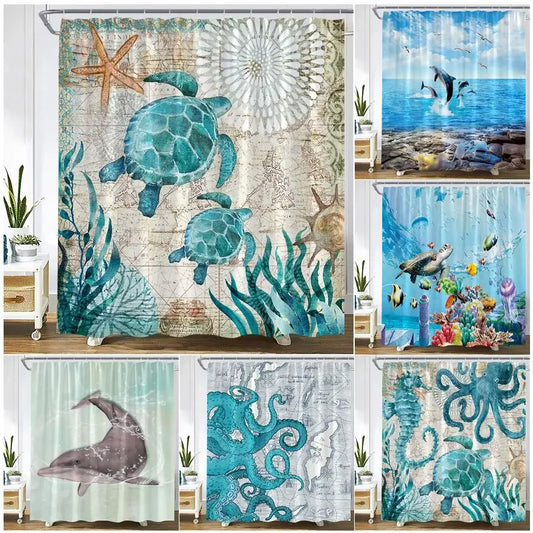 Ocean Life Shower Curtain - Sea Turtle, Dolphin & Tropical Fish Watercolor Art (Multiple Sizes)
