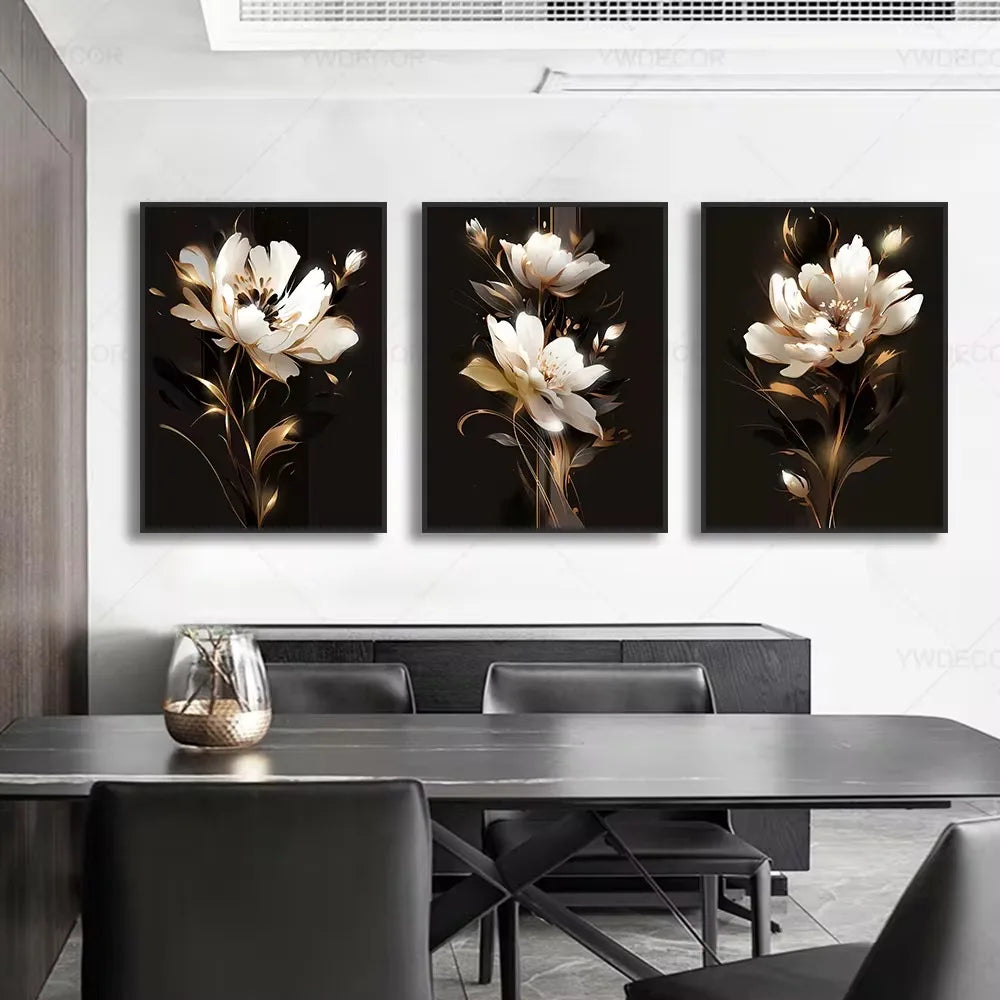 Black Gold Plant Leaves Canvas Wall Art - Modern Abstract Poster for Living Room Decor