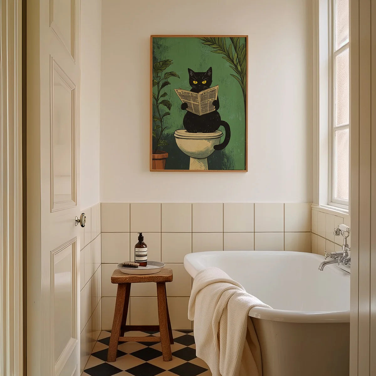 Funny Black Cat Bathroom Wall Art - Set of 3 Canvas Prints for Toilet Decor