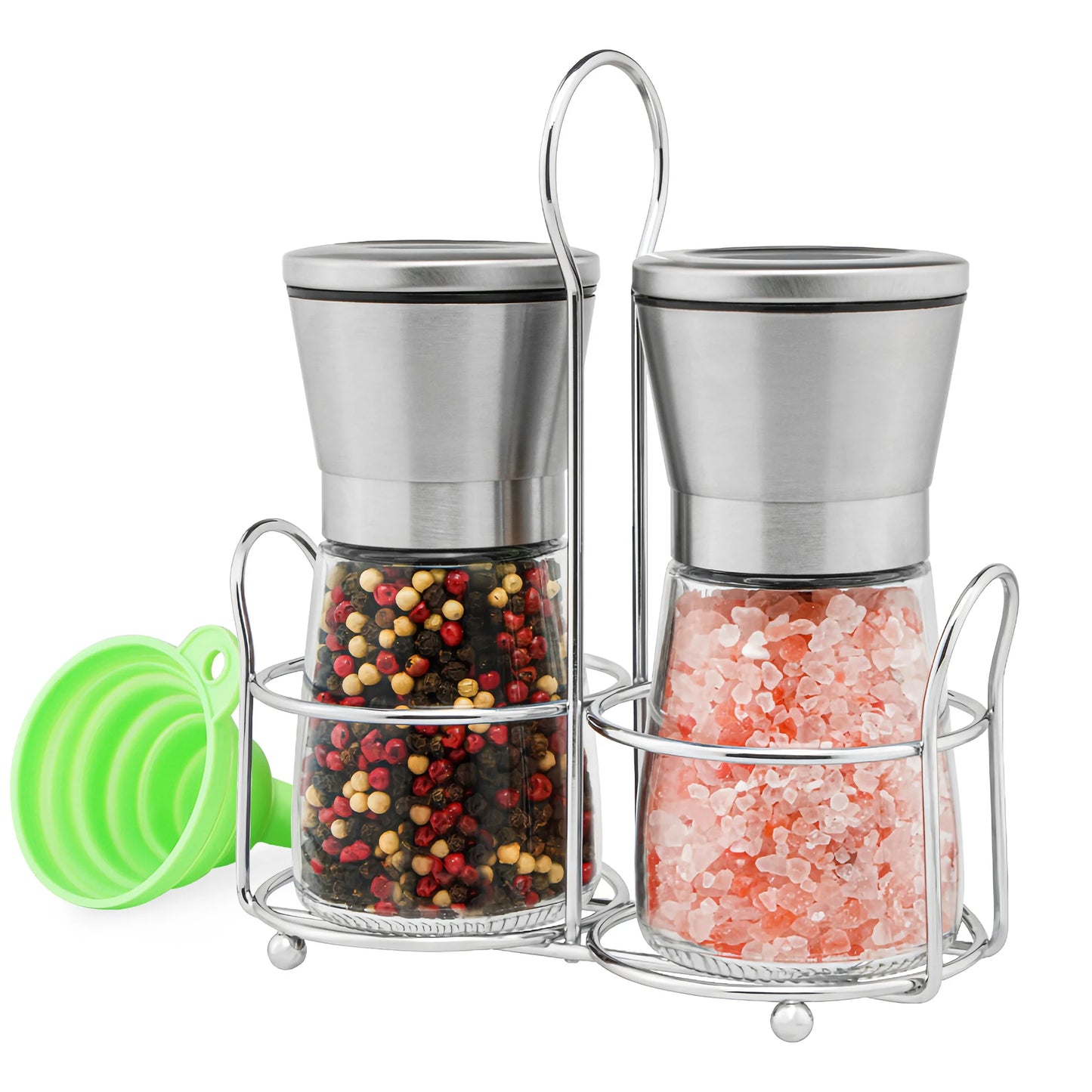 Stainless Steel Salt & Pepper Grinder Set - Glass Shaker Mills with Adjustable Coarseness