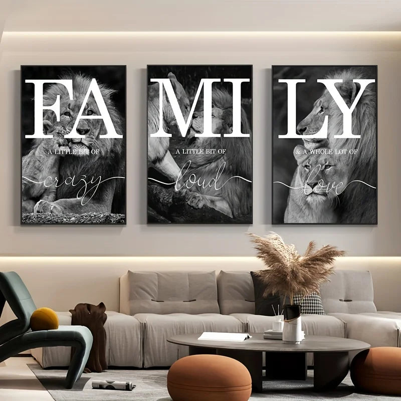 Lion Family Canvas Wall Art 3-Piece Set - Black & White Animal Prints for Living Room