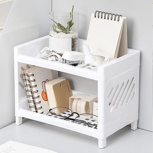 Desktop Storage Organizer - 2-Layer White Rack for Desk, Office, Cosmetics & Stationery
