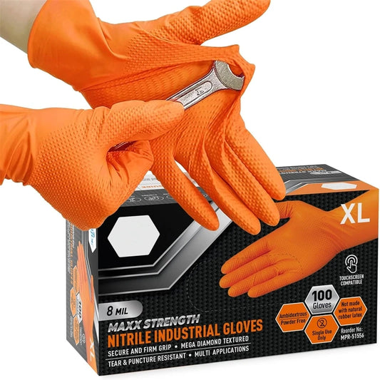 Heavy Duty Orange Nitrile Gloves - 8Mil Industrial Disposable Gloves with Diamond Grip