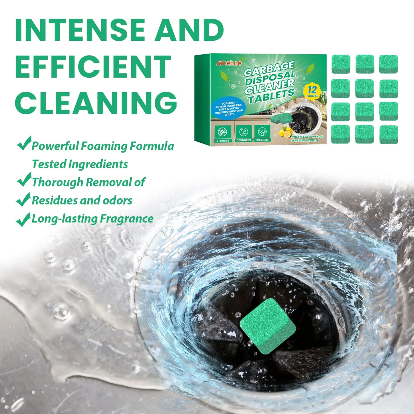 Garbage Disposal Cleaner Tablets - Foaming Drain Deodorizer 12-Pack