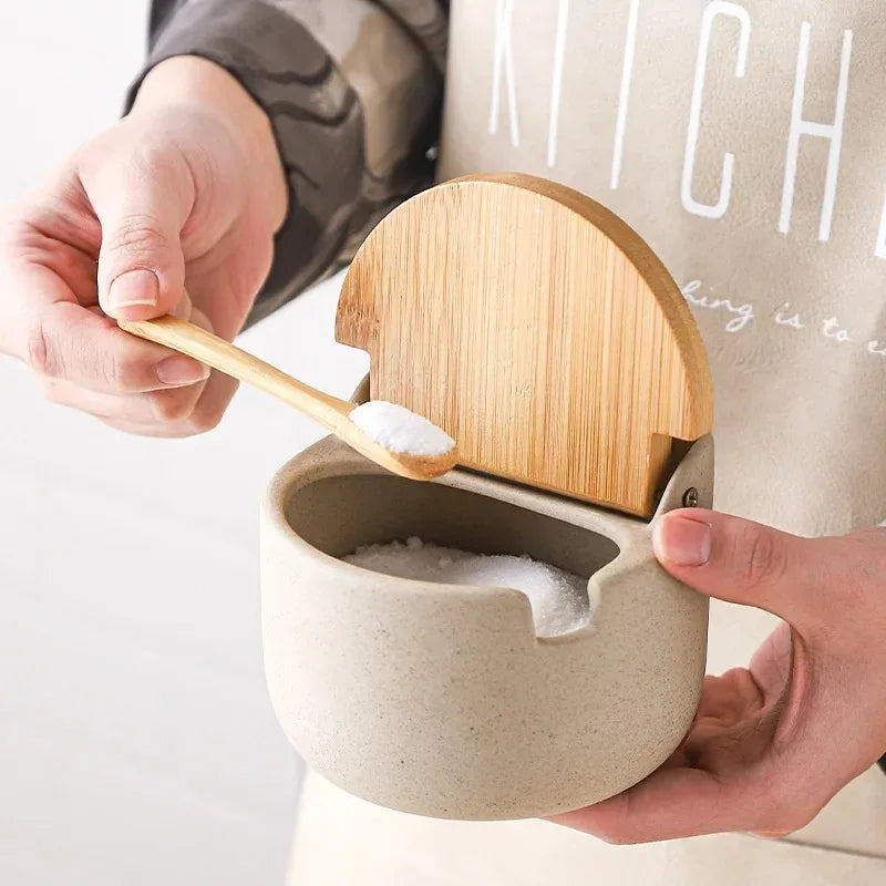 Japanese Ceramic Spice Jar with Bamboo Lid & Spoon — Kitchen Sugar, Salt & Seasoning Container