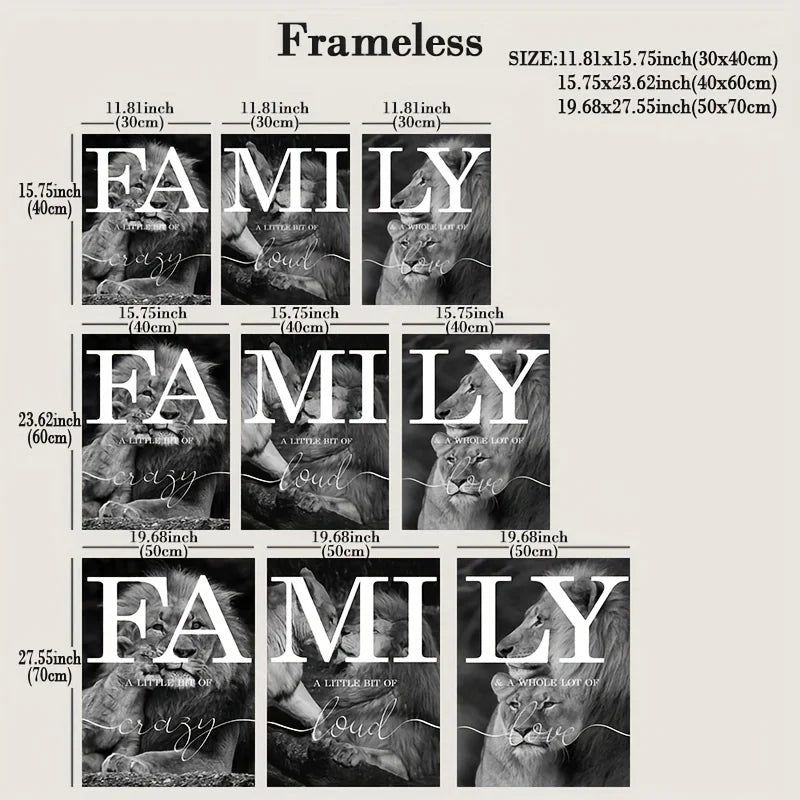 Lion Family Canvas Wall Art 3-Piece Set - Black & White Animal Prints for Living Room