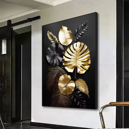 Black Gold Plant Leaves Canvas Wall Art - Modern Abstract Poster for Living Room Decor