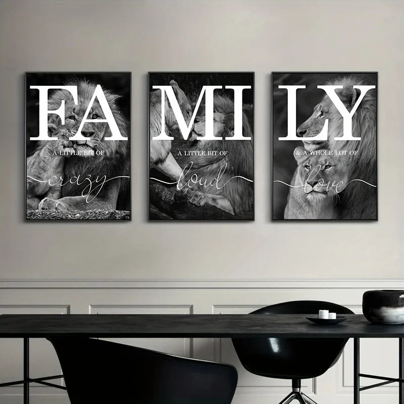 Lion Family Canvas Wall Art 3-Piece Set - Black & White Animal Prints for Living Room