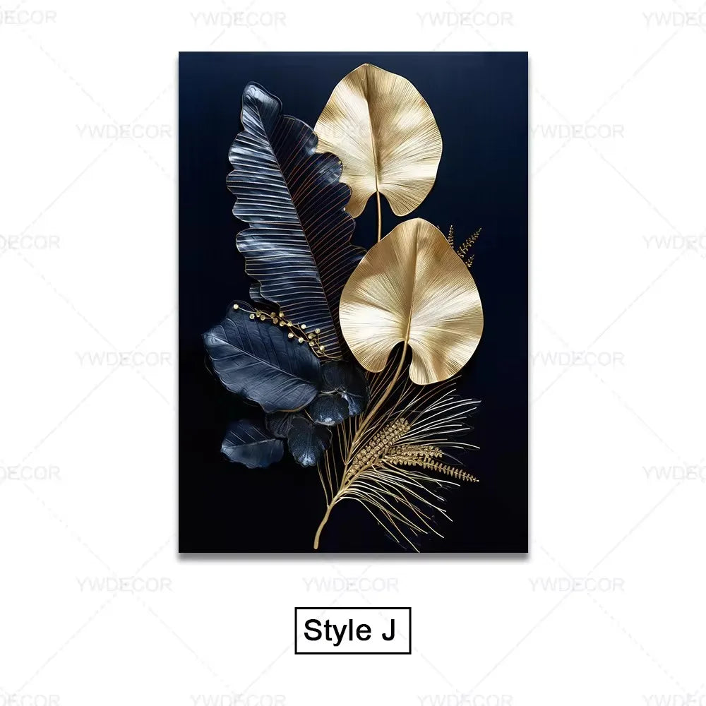 Black Gold Plant Leaves Canvas Wall Art - Modern Abstract Poster for Living Room Decor