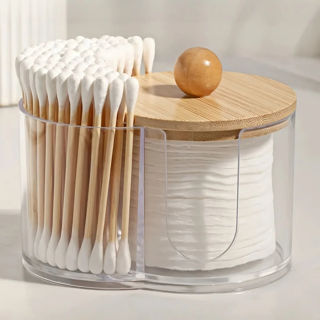 Clear Cotton Swab & Cotton Ball Organizer - Dual Compartment Bathroom Storage
