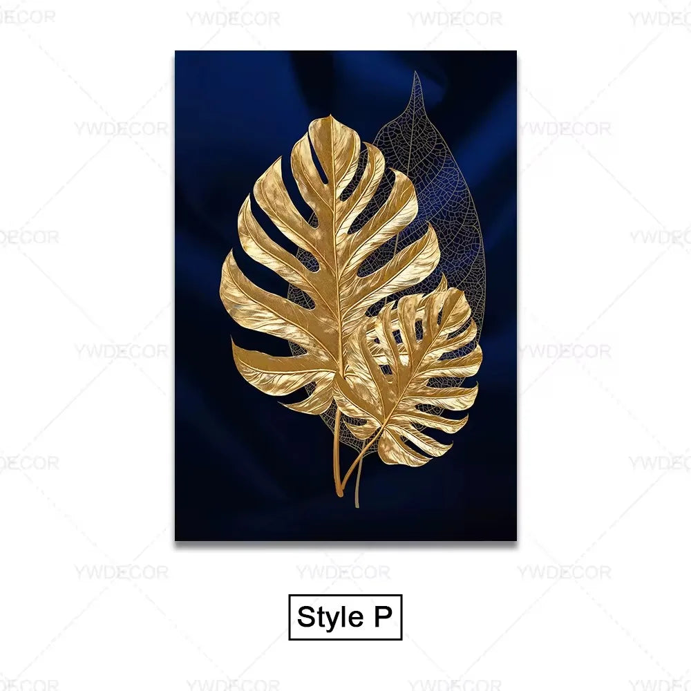 Black Gold Plant Leaves Canvas Wall Art - Modern Abstract Poster for Living Room Decor