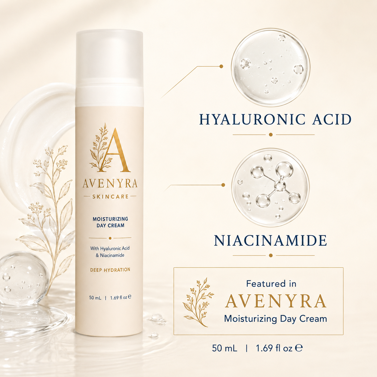 AVENYRA Moisturizing Day Cream with Hyaluronic Acid & Niacinamide, 50 mL